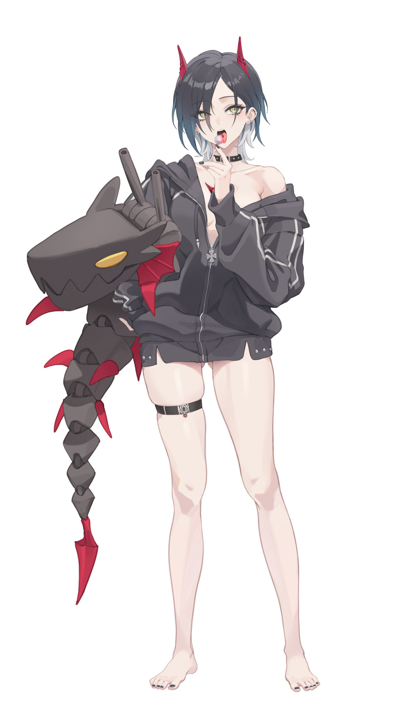 1girls azur_lane black_hair black_jacket candy choker feet food gradient_hair horns jacket lollipop multicolored_hair nail_polish nails_painted no_bra painted_nails slit_pupils tattoo thigh_belt thighs tongue tongue_out tongue_piercing tongue_tattoo ulrich_von_hutten_(azur_lane) unzipped_jacket white_background yellow_eyes zzzearly