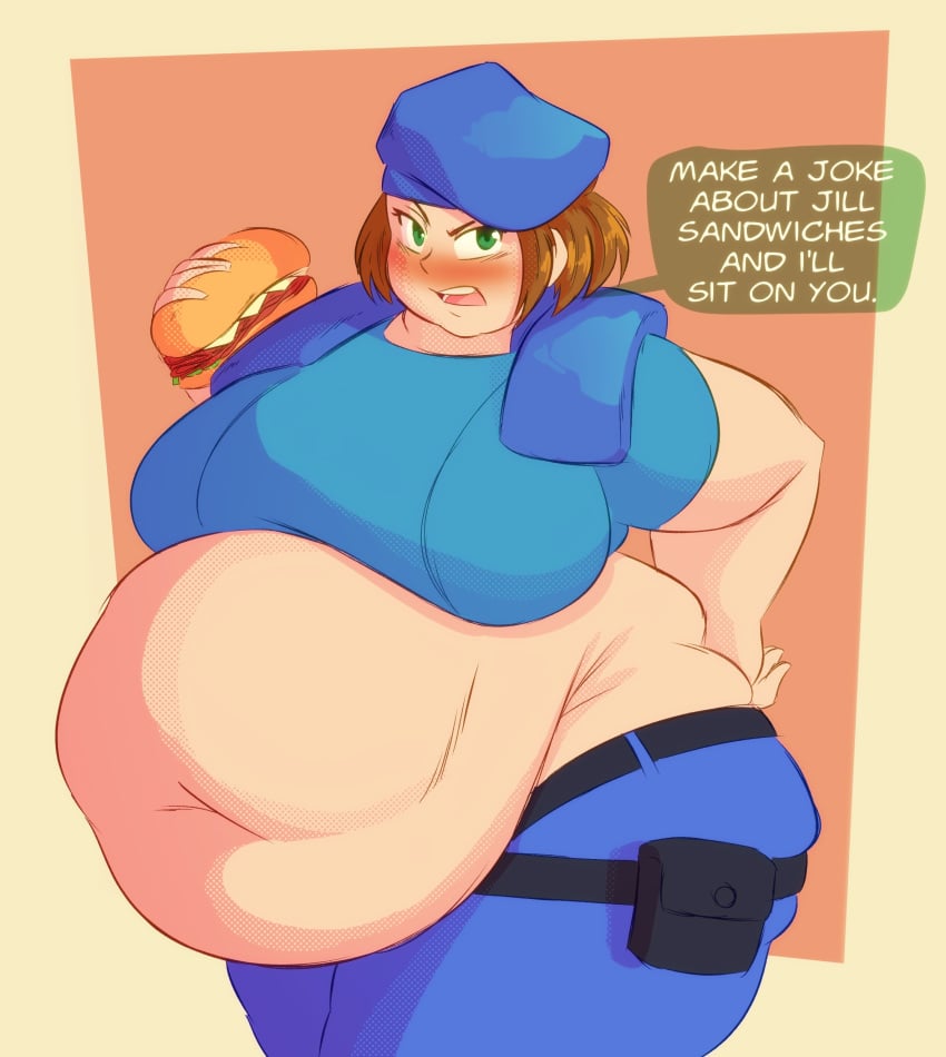 bbw belly_overhang big_belly big_breasts big_female blush chubby chubby_female embarrassed fat fat_ass fat_female fat_fetish fat_girl fat_woman fatty humiliated jill_valentine large_female obese obese_female overweight overweight_female plump pork_chop resident_evil sandwich_(food) speech_bubble tagme thick_thighs weight_gain