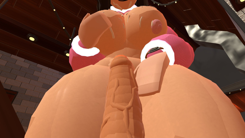 black_hair cat_ears female glasses holding_breast huge_breasts huge_cock hung pussy rec_room recroom recroom-nsfw vr wide_hips