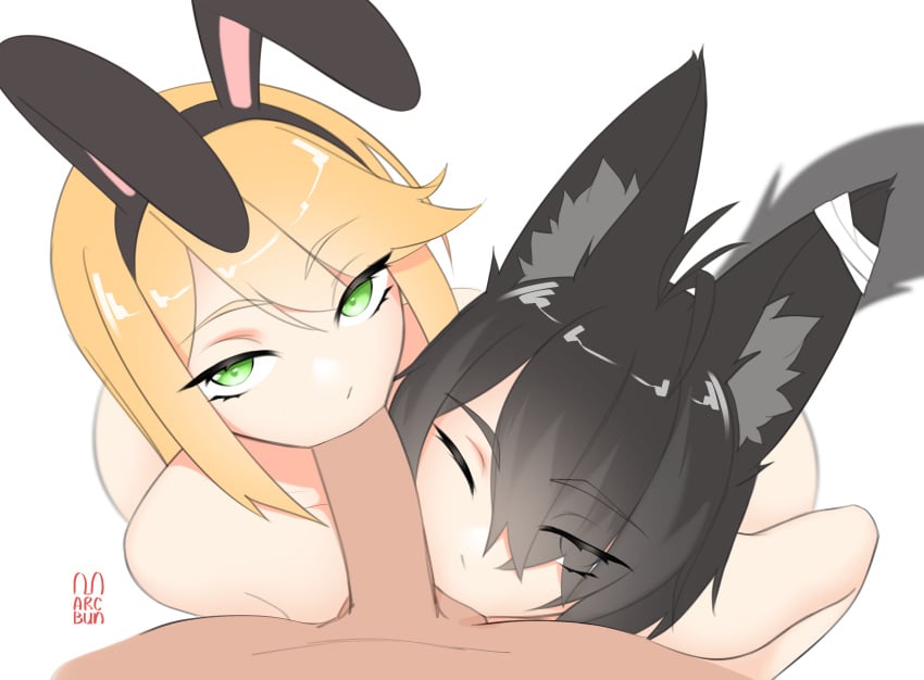 1boy 2girls animal_ears arcbun ball_sucking black_hair blonde_hair blowjob blue_eyes bunny_ears character_request collaborative_fellatio commission double_fellatio eye_contact eyes_visible_through_hair fellatio femdom ffm_threesome geone green_eyes looking_at_viewer malesub oral penis pov pov_eye_contact tail vrchat wolf_ears wolf_girl