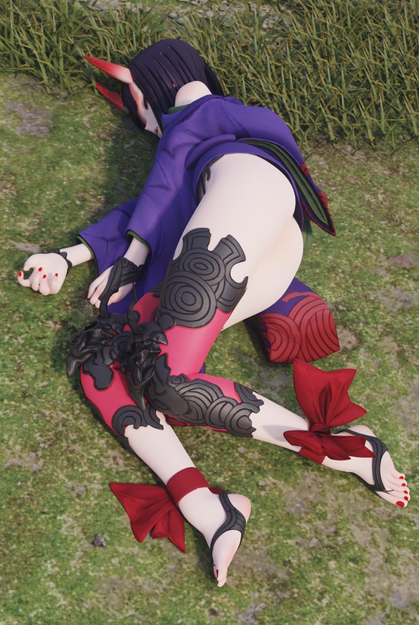 1girls 3d ass dkclaude3d faint fate/grand_order fate_(series) female female_only heroine_in_trouble kimono on_side oni oni_horns short_hair shuten_douji_(fate) solo