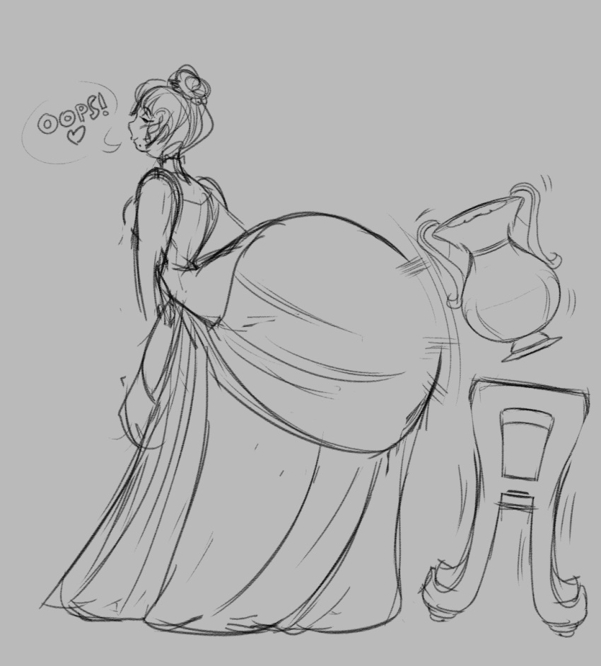 1girls big_ass clothed dress female female_only hair_bun knocking_over only_female sketch table tagme