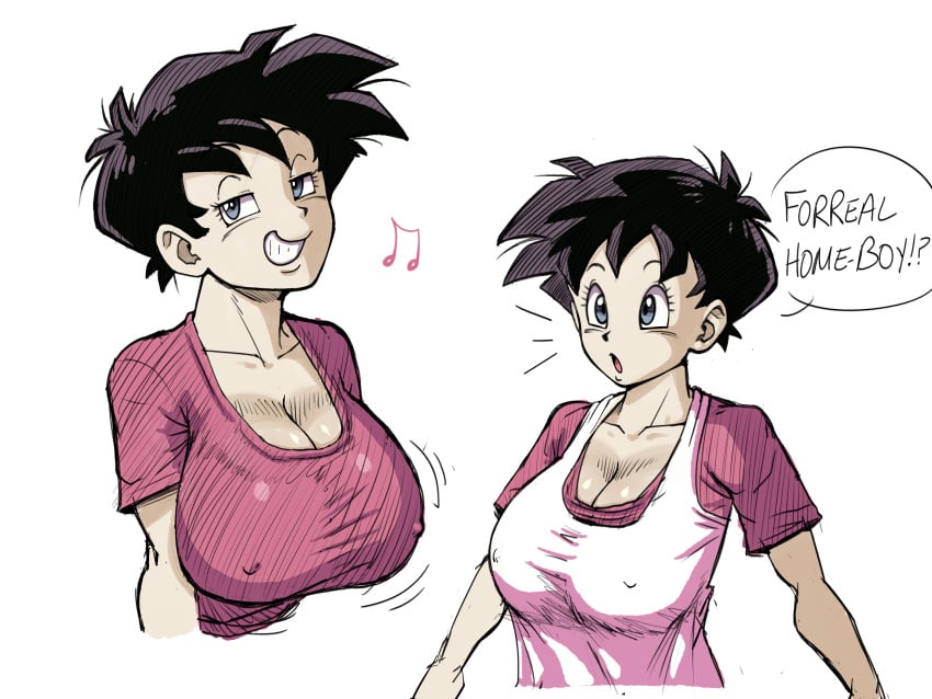 big_breasts black_hair dragon_ball dragon_ball_z huge_breasts huge_tits huge_tits_teen pink_topwear pseudocel teenage_girl tight_clothing top_heavy videl white_topwear