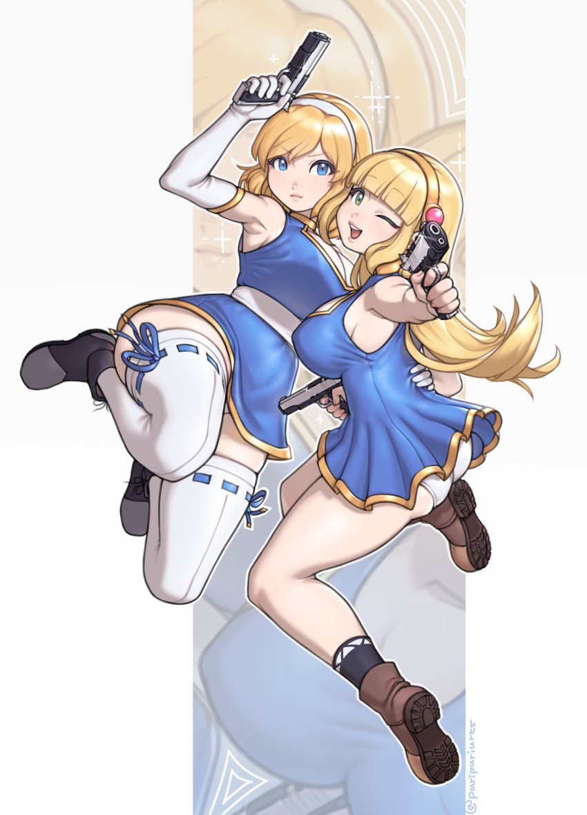 2girls action_pose ass_shot big_breasts black_shoes blue_clothing blue_dress blue_eyes blue_guardian_margaret brown_boots cleavage cleavage_window commission determined foxeye_(artist) golden_headwear green_eyes gun guns happy happy_female long_hair looking_at_viewer margaret_(blue_guardian_margaret) naive_guardians_(artist) no_sex pantyshot parie pistol pistols serious serious_look short_dress short_hair short_skirt side_view sideboob skimpy sofi_(naive_guardians) thick_ass thick_thighs thigh_highs thighhigh_socks thighhighs white_headband white_socks yellow_hair