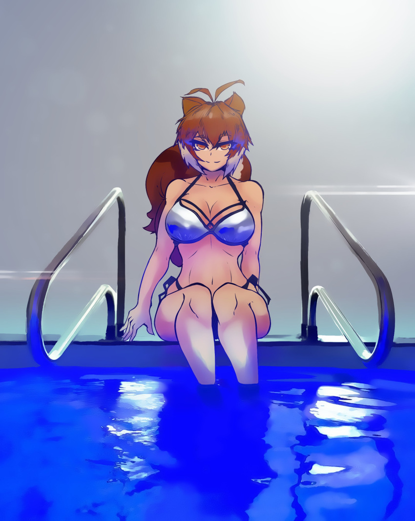 amber_eyes bars big_breasts bikini brown_hair hourglass_figure looking_at_viewer makoto_nanaya no_feet poolside sitting smiling smiling_at_viewer squirrel_ears squirrel_girl squirrel_humanoid squirrel_tail suggestive suggestive_look swimsuit swimwear tagme water white_bikini