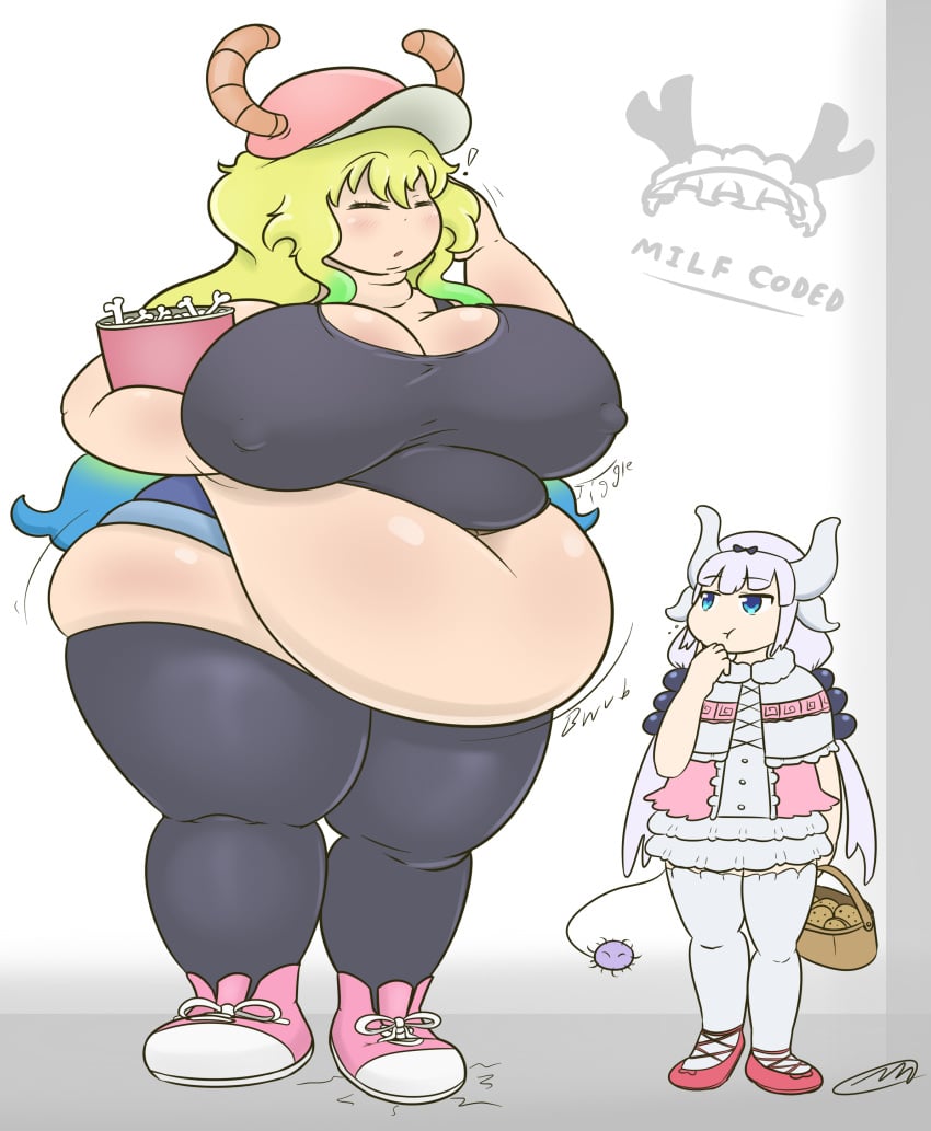 ! 2girls ass axlwisp belly blonde_hair blue_eyes breasts bucket_of_chicken cap cleavage closed_eyes dragon dragon_girl dress exclamation_point fat female female_focus female_only hat hips horns kanna_kamui kyoto_animation large_ass large_breasts larger_female miss_kobayashi's_dragon_maid nipple_bulge overweight overweight_female quetzalcoatl_(dragon_maid) shoes shorts smaller_female sneakers stockings stomach tail tail_tuft thick_thighs thighs wardrobe_malfunction white_hair wide_hips