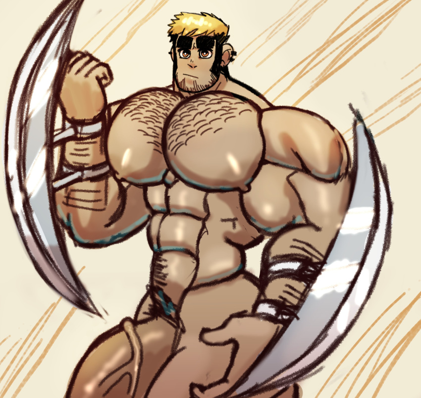 alex_(pteroscreams) balls bara bara_tits big_balls big_pecs big_penis blades body_hair facial_hair flaccid male male_only muscles muscular nude oc original_character penis pteroscreams solo solo_male yellow