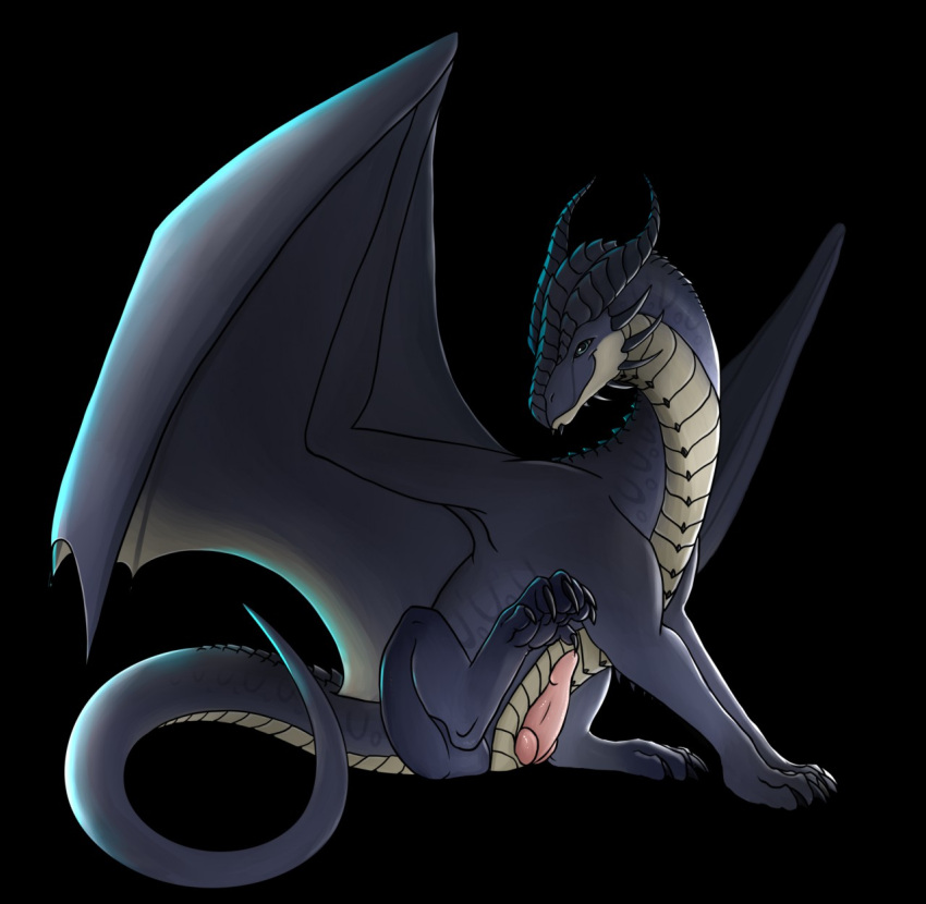 aroused blackaures blue_body dragon feral genitals green_eyes hi_res inviting knot male penis presenting raised_leg ravey_yurikai_silverclaw_(raverdragon93) scalie sitting smile solo western_dragon