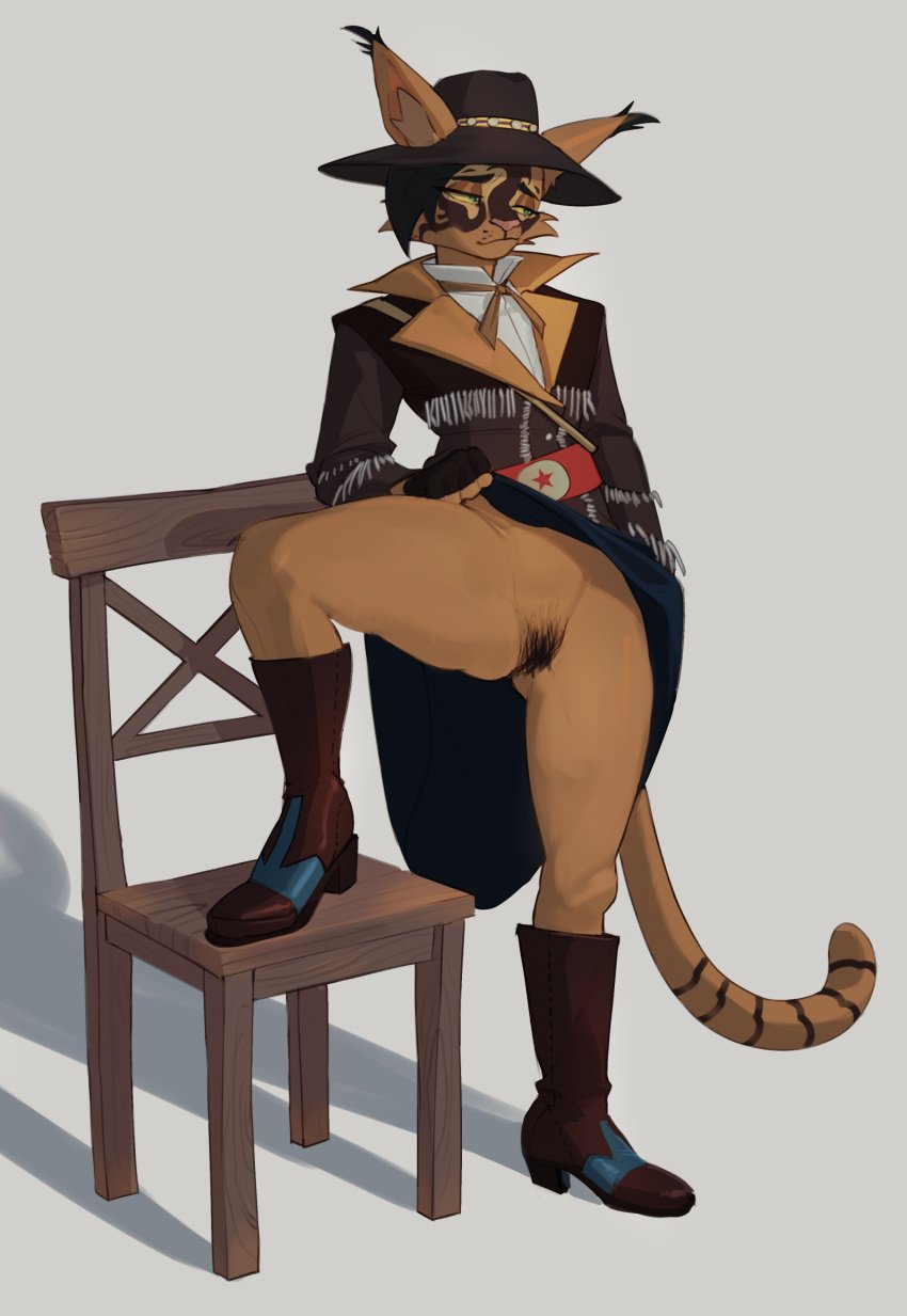 anthro beatrix_foljambe bottomwear clothed clothing clothing_lift felid feline female flashing hi_res mammal pubes pubes_exposed pulred skirt skirt_lift solo