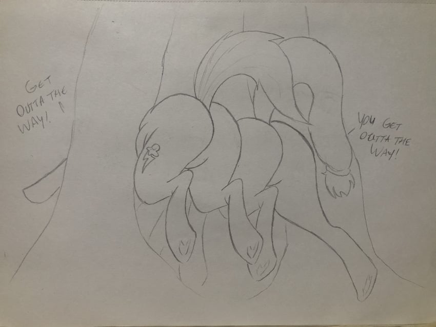 applejack_(mlp) ass ass ass_to_ass big_ass big_butt cutie_mark dynamo1940 equine exposed exposed_ass featureless_crotch female feral friendship_is_magic hasbro humiliation monochrome my_little_pony rainbow_dash_(mlp) stuck stuck_in_object stuck_in_tree tail through_wall tight traditional_media_(artwork) tree