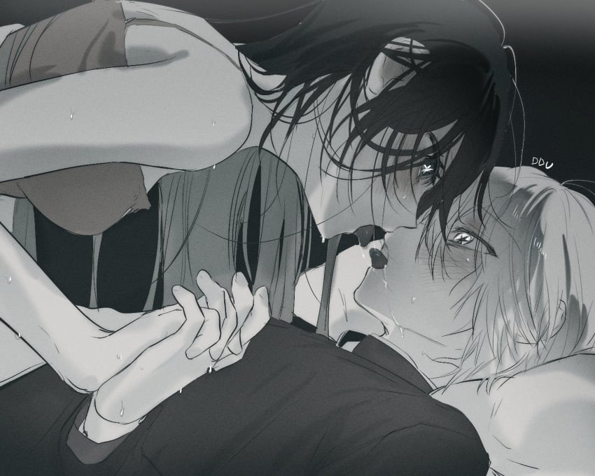 blush canon_couple clothed clothing ddu_45 female hand_holding hoshino_ai kamiki_hikaru kissing long_hair male oshi_no_ko saliva saliva_trail star-shaped_pupils sweat sweatdrop