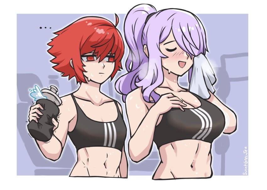 2girls :d adidas ahoge alternate_costume alternate_hairstyle bare_arms bare_shoulders blush breast_envy breasts burnt_green_tea camilla_(fire_emblem) cleavage closed_eyes collarbone commentary crop_top female female_only fire_emblem fire_emblem_fates hair_over_one_eye highres hinoka_(fire_emblem) holding jealous large_breasts medium_support_(meme) meme midriff multiple_girls navel nintendo open_mouth ponytail purple_hair red_eyes red_hair short_hair small_breasts smile sports_bra stomach sweat sweating