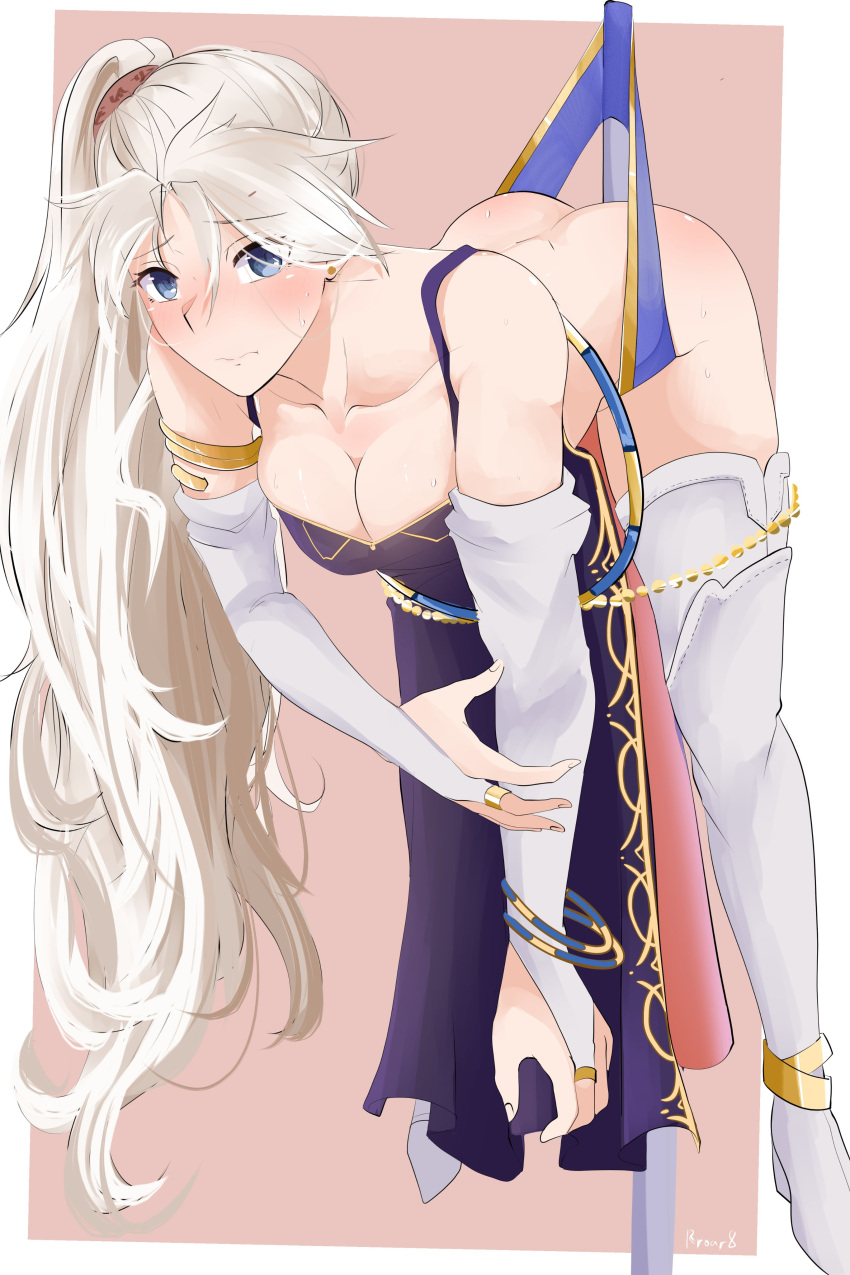 1girls absurdres alternate_eye_color ass bare_shoulders big_ass blue_dress blue_eyes blue_panties blush breasts bridal_gauntlets cape choker cleavage collarbone commission dress earrings elbow_gloves embarrassed female female_only fire_emblem fire_emblem:_genealogy_of_the_holy_war gloves grey_hair hanging highres ishtar_(fire_emblem) jewelry large_breasts long_hair looking_at_viewer nintendo panties panty_pull pelvic_curtain ponytail rroar8 simple_background sleeveless sleeveless_dress solo thighhighs thong underwear very_long_hair wedgie white_gloves