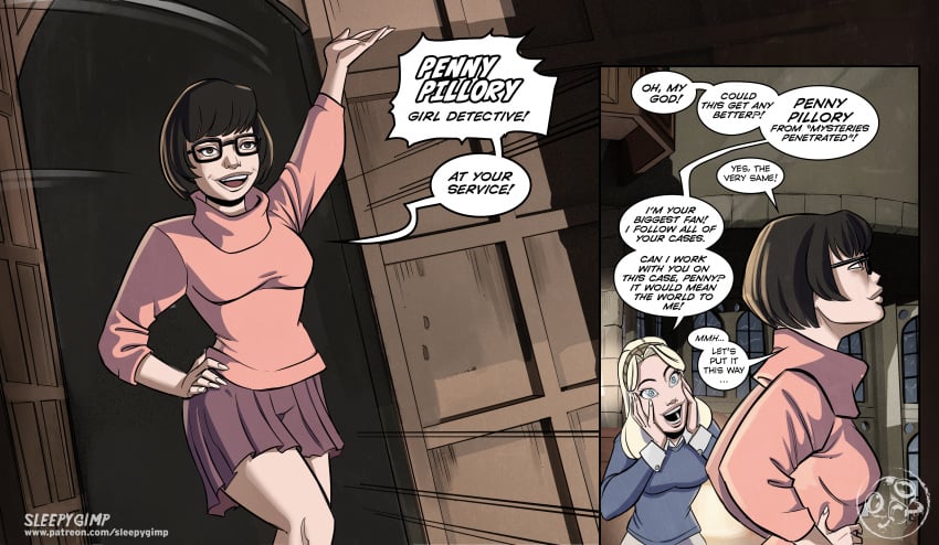 2girls castle comic dialogue english_text female glasses miniskirt nancy_templeton orange_sweater penny_pillory sleepygimp text