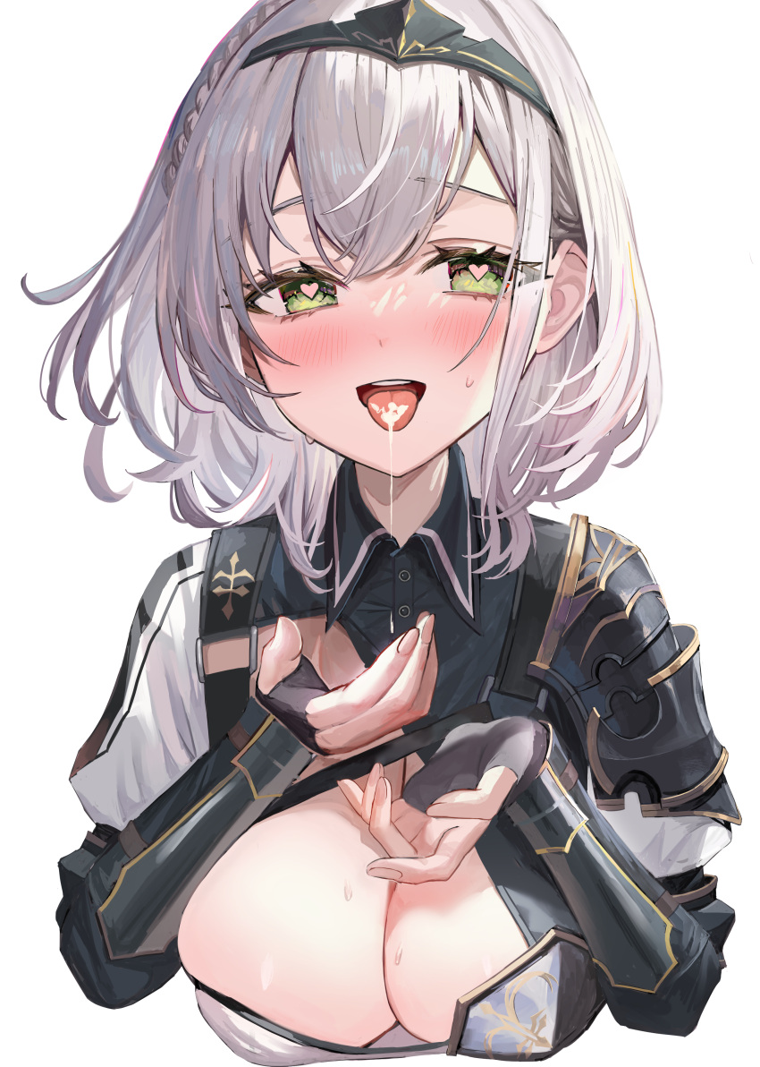 absurdres armor black_gloves blush braid breasts cleavage cum cum_in_mouth cum_on_tongue female fingerless_gloves gloves green_eyes grey_hair highres hololive hololive_fantasy hololive_japan large_breasts looking_at_viewer open_mouth oral_invitation rum_raisin_(chihiromakita19) shirogane_noel shirogane_noel_(1st_costume) short_hair solo sweat tongue tongue_out virtual_youtuber