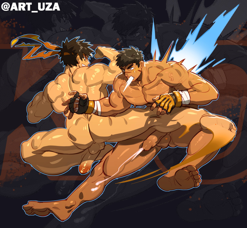 2boys abs absurdres alternate_facial_hair ass bara completely_nude coughing cum dark-skinned_male dark_skin dnf_duel dungeon_and_fighter dungeon_fighter_online ejaculation fighter_(dungeon_and_fighter) foreskin full_body gay grappler_(dungeon_and_fighter) grin half-erect handsfree_ejaculation headband highres kicking large_pectorals large_penis male_brawler_(dungeon_and_fighter) male_fighter_(dungeon_and_fighter) male_focus male_only midair multiple_boys muscular muscular_male navel nipples nude pectorals penis projectile_cum red_headband short_hair smile stomach strongman_waist thick_thighs thighs uza_(hellme) yaoi