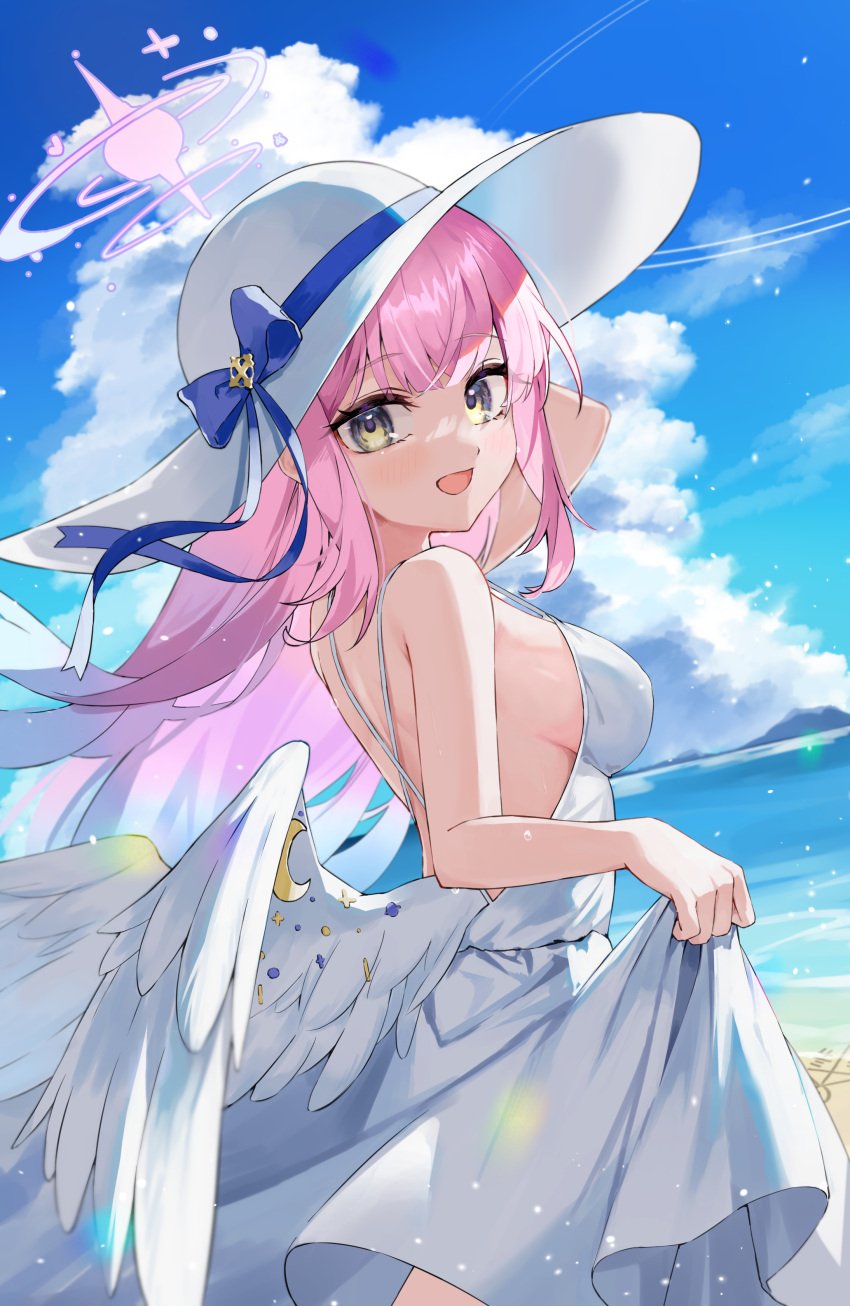 :d absurdres alternate_costume angel_wings backless_outfit bare_arms bare_shoulders blue_archive blue_sky blush bow breasts cloud day dress feathered_wings female from_behind hair_between_eyes hat highres long_hair looking_at_viewer medium_breasts mika_(blue_archive) nitoron open_mouth outdoors pink_hair ribbon sideboob sky sleeveless sleeveless_dress smile solo straw_hat sundress tea_party_(blue_archive) trinity_general_school_student very_long_hair white_dress white_headwear white_wings wing_ornament wings