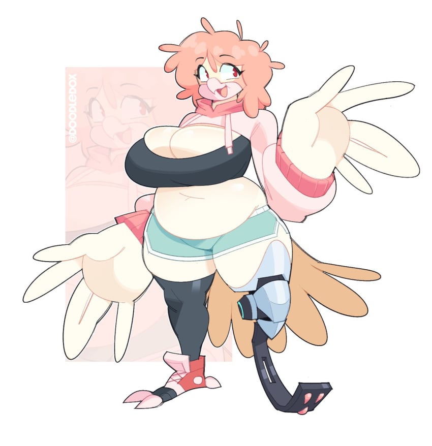 beak big_breasts boob_window breasts capri chubby chubby_female doodledox gym_shorts pink_hair prosthetic prosthetic_limb sports_bra sweater thick_thighs three_toes wide_hips wings