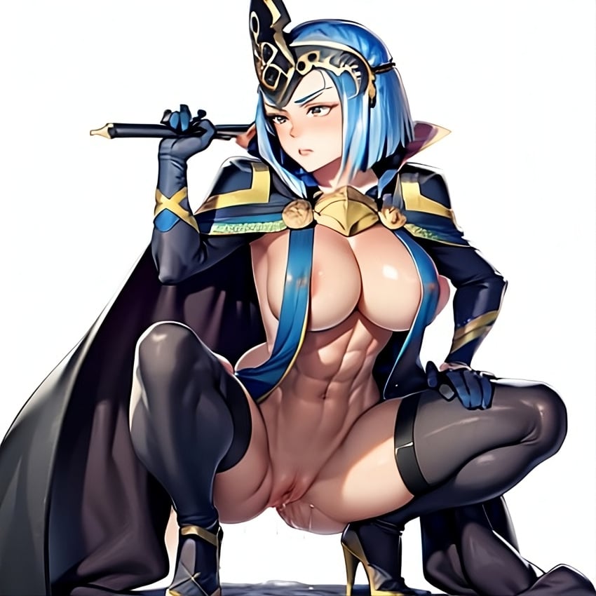 1girls abs ai_generated arete_(fire_emblem) athletic_female blue_hair female female_only fire_emblem fire_emblem_fates large_breasts nintendo pussy pussy_juice solo squatting stable_diffusion