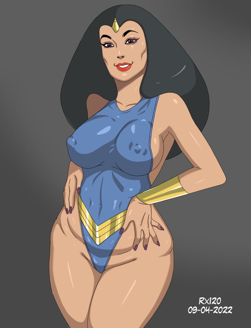 1girls big_breasts black_hair erect_nipples_under_clothes hands_on_hips leotard light-skinned_female light_skin looking_at_viewer nipple_bulge princess_ariel_(thundarr_the_barbarian) rx120 thick_thighs thundarr_the_barbarian voluptuous