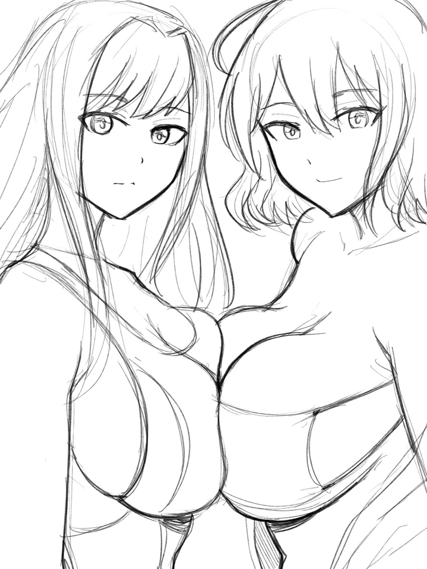 2girls anis_(nikke) anis_(sparkling_summer)_(nikke) bangs bikini breast_press cleavage devilukez female female_only goddess_of_victory:_nikke long_hair looking_at_viewer multiple_girls rapi_(classic_vacation)_(nikke) rapi_(nikke) short_hair sketch smile symmetrical_docking