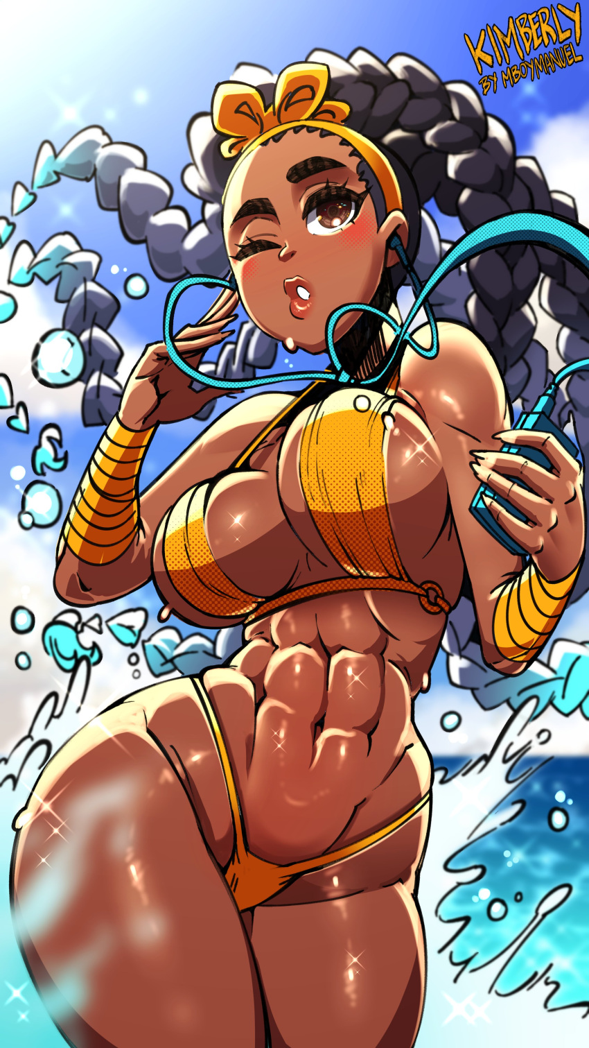 1girls abs bandana bikini braided_hair brown_eyes capcom dark-skinned_female dark_skin female female_only kimberly_jackson mboymanuel street_fighter street_fighter_6 swimsuit thick_thighs walkman wide_hips wink