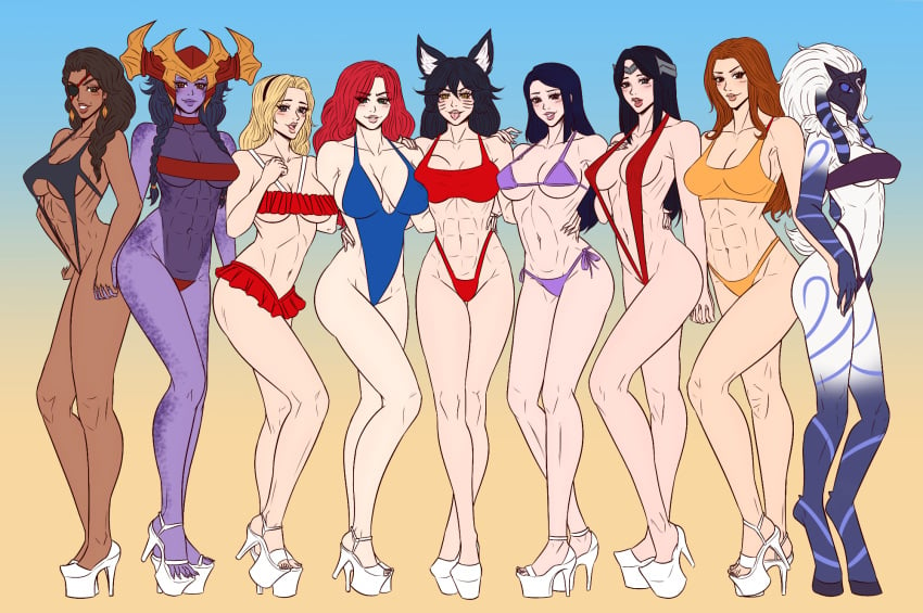 6+girls 9_tails 9girls abs ahri bikini bikini_bottom bikini_competition bikini_top blonde_hair caitlyn_kiramman china contest dark-skinned_female dark_skin dragon_girl female female_only fitness flag flag_bikini flag_print fox fox_ears fox_tail furry gesture group heels high_heels irelia_xan japanese kindred kumiho lamb_(league_of_legends) league_of_legends legs leona_(league_of_legends) luxanna_crownguard mask mexican micro_bikini miss_fortune modeling multiple_girls muscle_girl muscles nasty nine_tailed_fox niramoli platform_heels pose red_hair samira_(league_of_legends) shyvana sling_bikini smile smiley_face spain swimsuit tongue tongue_out vastaya