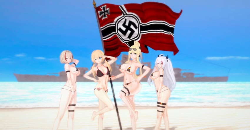 4girls azur_lane battleship beach bikini bismarck_(kantai_collection) bleachedartoria blonde_hair blue_eyes flag kantai_collection large_breasts multiple_girls national_personification nazi prinz_eugen_(azur_lane) prinz_eugen_(kantai_collection) pubic_tattoo roon_(azur_lane) swastika tattoo thick_thighs white_hair