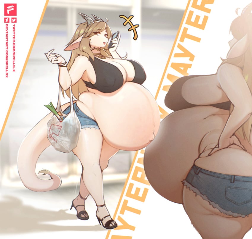 booty_shorts furry horns huge_breasts long_tail outie_navel pregnant ready_to_pop spellsx wide_hips