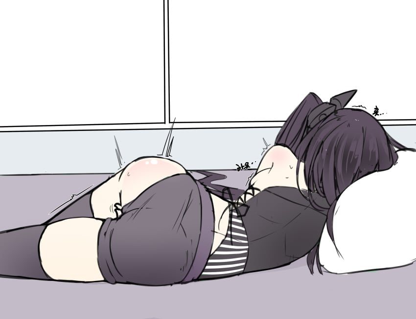 ^^^ absurdres architect_(girls'_frontline) ass asymmetrical_shorts back backboob bad_id bad_pixiv_id bed black_hair black_shirt black_shorts black_thighhighs breasts commentary cross-laced_clothes cross-laced_top female female_masturbation from_behind girls'_frontline hair_ornament highres indoors jwh korean_text long_hair lying masturbation medium_breasts on_bed on_side one_side_up pillow sangvis_ferri shirt shorts single_bare_shoulder solo sweat thighhighs translation_request very_long_hair