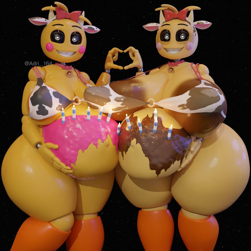 2females absurd_res adri164 animal_print animal_print_bikini animatronic anthro areola areola_slip avian belly big_ass big_belly big_breasts bikini bikini_top bird black_background bow breasts brown_areola cake candle chicken clothing cow_ears cow_horns cow_print cow_print_bikini cowbell dessert duo fake_animal_ears female female/female five_nights_at_freddy's five_nights_at_freddy's_2 food food_fetish galliform gallus_(genus) grin heart heart_hands_duo hi_res hyper hyper_belly looking_at_viewer machine pattern_bikini pattern_clothing pattern_swimwear phasianid pregnant pregnant_female pubic_tattoo robot scottgames sharp_teeth smile standing swimwear teeth thick_thighs toy_chica_(fnaf) venus_body wide_hips yellow_body