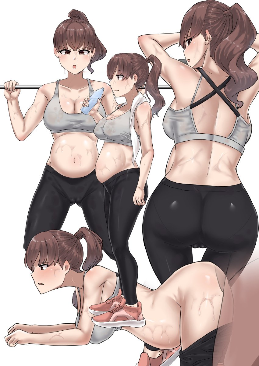 1boy absurdres alternate_costume alternate_hairstyle ass big_belly black_leggings bottle breasts brown_eyes clothed_sex comic exercise father_and_daughter female garylin grey_sports_bra highres holding holding_bottle incest kantai_collection large_breasts leggings leggings_pull long_hair navel ooi_(kantai_collection) ponytail pregnant sex sex_from_behind silent_comic sports_bra straight sweat water_bottle