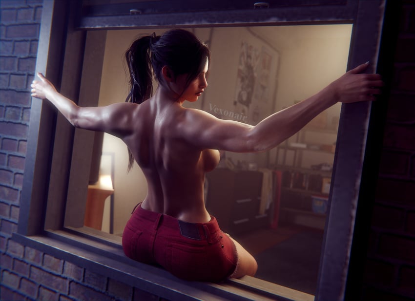 1girls 3d 3d_(artwork) alternate_version_available backboob big_breasts breasts capcom claire_redfield claire_redfield_(jordan_mcewen) female female_only fit fit_female full_body looking_at_viewer resident_evil resident_evil_2 resident_evil_2_remake sad solo solo_female teasing topless topless_female vexonair window