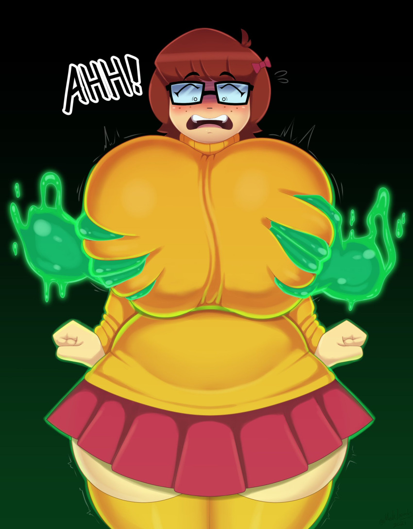 big_breasts breasts_bigger_than_head clothed female female_only ghost holding_breast huge_breasts mehdrawings scooby-doo text velma_dinkley