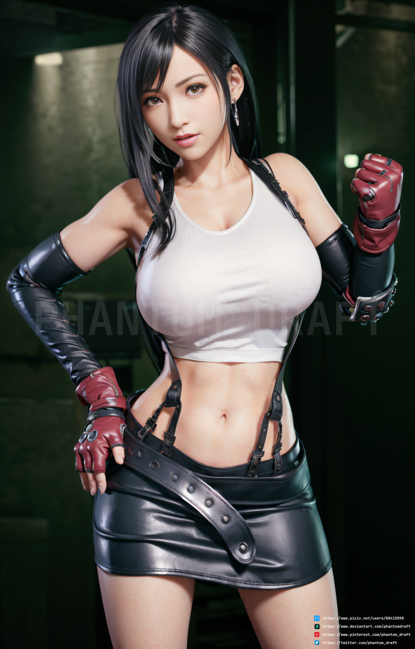 ai_generated elbow_gloves elbow_pads female fighter final_fantasy final_fantasy_vii fingerless_gloves gloves long_hair low-tied_long_hair pencil_skirt phantom_draft short_skirt suspender_skirt suspenders tank_top tifa_lockhart