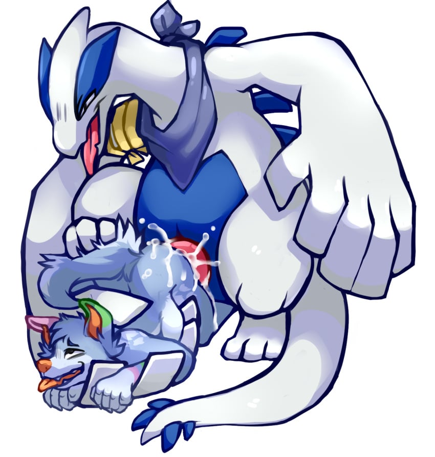 anonymous_artist anthro bandana_on_neck bodily_fluids canid canine canis cum cum_drip cum_inside dez_(rcar) digital_media_(artwork) dripping duo ejaculation fleshlight_position fur generation_2_pokemon genital_fluids genitals hair hi_res iynize knot legendary_pokemon looking_pleasured lugia male male/male male_penetrating mammal nintendo penetration penis pinned pinned_to_floor pokemon pokemon_(species) sex simple_background size_difference tail tongue tongue_out used_like_a_toy wolf