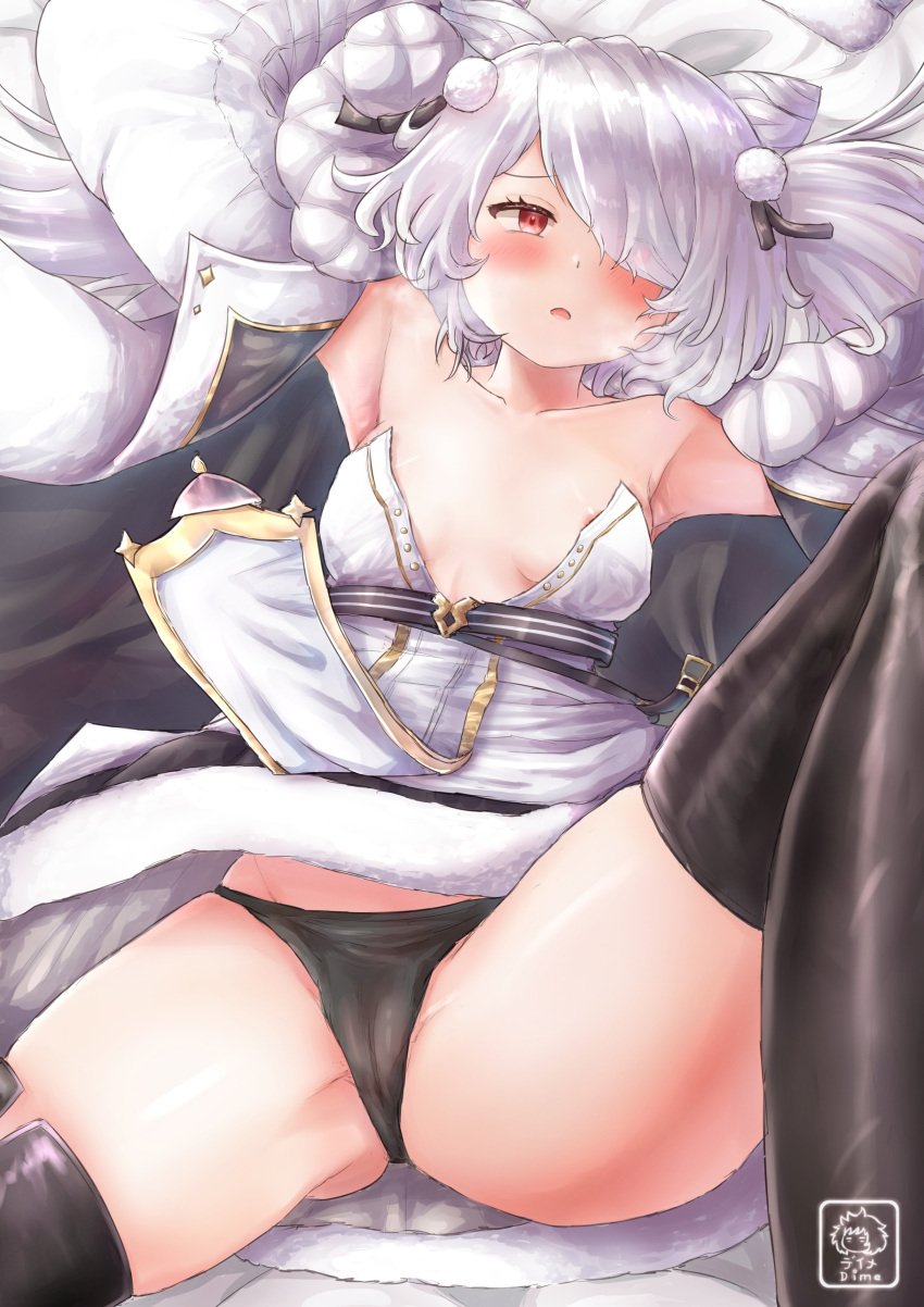 1girls areola azur_lane bed_sheet black_panties blush breasts clothed clothing dime-san embarrassed eye_visible_through_hair female female_only hair_ornament hair_over_one_eye kiev_(azur_lane) light-skinned_female light_skin military military_hat military_uniform nipple northern_parliament_(azur_lane) on_bed panties red_eyes small_breasts solo white_bed_sheet white_hair