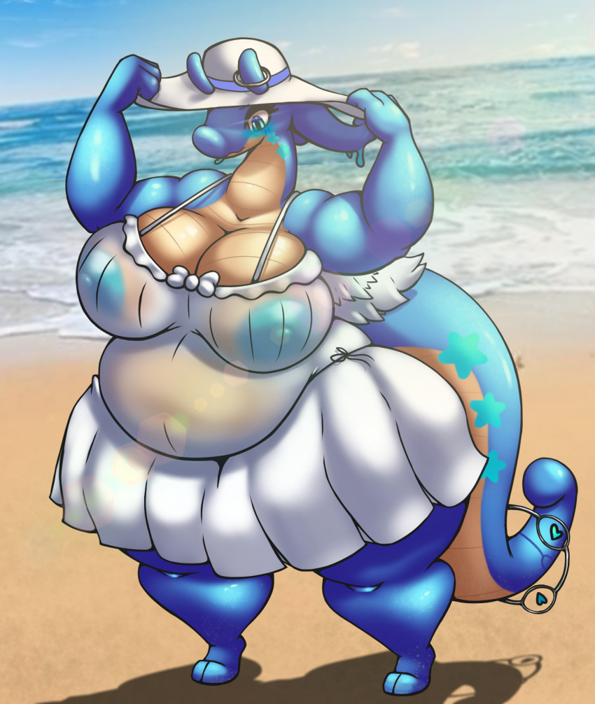 2_toes anthro beach belly big_breasts blue_body blue_eyes blue_nipples blush breasts clothed clothing dragon dress eyelashes feathered_wings feathers feet female generation_6_pokemon goo_creature goodra gooey_(unholygooey) hat headgear headwear heart hi_res high-angle_view holding_clothing holding_hat holding_headgear holding_headwear holding_object navel nintendo nipples overweight overweight_female pokemon pokemon_(species) ring sea seaside sky solo star summer summer_dress summer_hat thick_thighs toes translucent translucent_clothing water wet wet_clothing white_clothing white_dress wings z_dragon