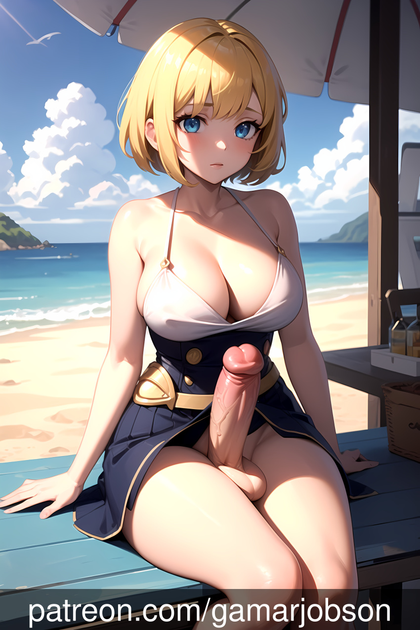 ai_generated big_penis blonde_hair breasts cleavage erection fire_emblem fire_emblem_heroes futa_only futanari gamarjobson hi_res kiran_(fire_emblem) kiran_(fire_emblem)_(female) large_breasts nintendo penis_out