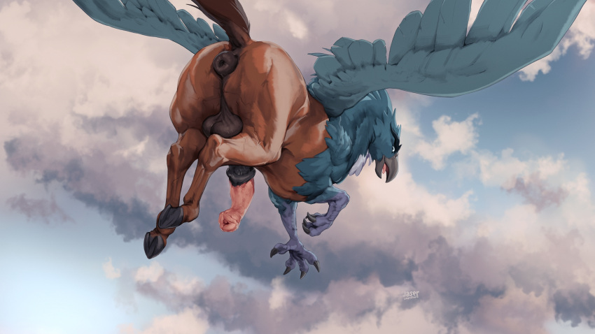 2023 animal_genitalia animal_penis anus ass avian avian_feet balls beak big_anus big_penis black_beak claws cloud digital_media_(artwork) equine_genitalia equine_penis erection european_mythology feathered_wings feathers feet feral flying genitals greek_mythology hi_res hippogriff laser_(artist) male medial_ring mythological_avian mythology penis pluvian puffy_anus quadruped solo toe_claws toes wings