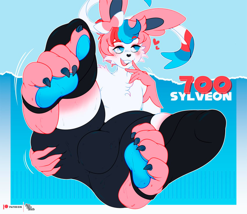 big_bulge bodily_fluids bulge claws detailed_bulge eeveelution feet feet_up foot_fetish generation_6_pokemon genital_outline hair hi_res jay_(jayjaycholo) jayjaycholo male nintendo paws penis_outline pink_body pink_hair pokemon pokemon_(species) solo sweat sylveon thick_thighs white_body