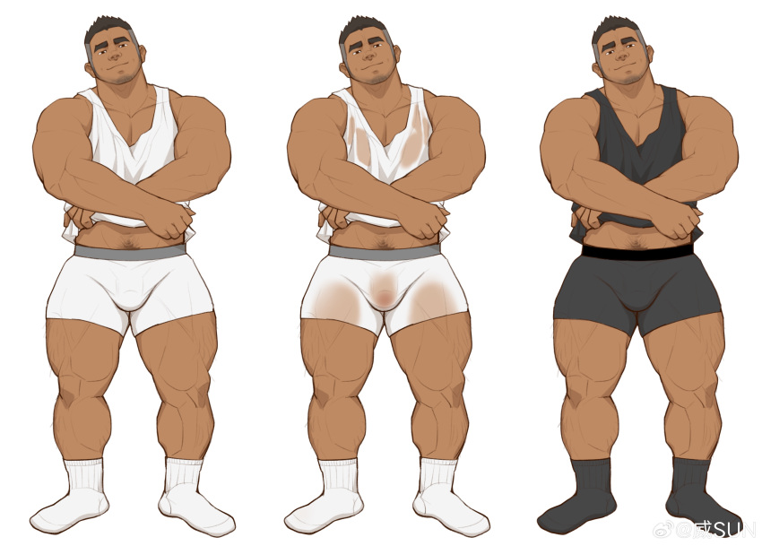 1boy absurdres bara beard_stubble black_socks black_tank_top boxers bulge chinstrap_beard come_hither grey_hair head_tilt highres large_pectorals leoooliooon long_sideburns looking_at_viewer male_focus male_underwear mature_male midriff_peek multicolored_hair multiple_views muscular muscular_male navel navel_hair pectoral_cleavage pectorals penis penis_peek seductive_smile see-through shirt short_hair sideburns smile socks standing stomach strongman_waist tank_top thick_eyebrows thick_thighs thighs two-tone_hair undercut underwear undressing wet wet_clothes wet_male_underwear wet_shirt white_male_underwear white_socks white_tank_top