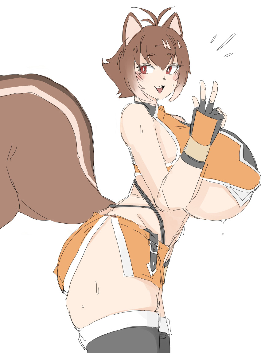 bamman blazblue female makoto_nanaya massive_breasts skindentation solo squirrel_ears squirrel_tail sweat tagme thick_thighs underboob