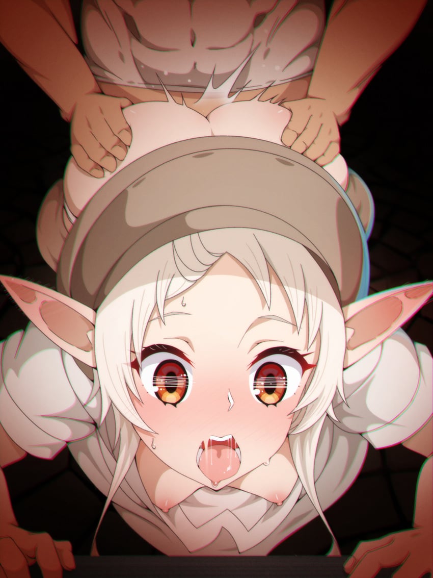 1boy ass breasts brown_headwear downblouse elf female highres mushoku_tensei nipples orange_eyes pointy_ears rbx_lamen sex sex_from_behind shirt short_hair_with_long_locks small_breasts solo_focus straight sweat sylphiette_(mushoku_tensei) tongue tongue_out white_hair white_shirt wide-eyed