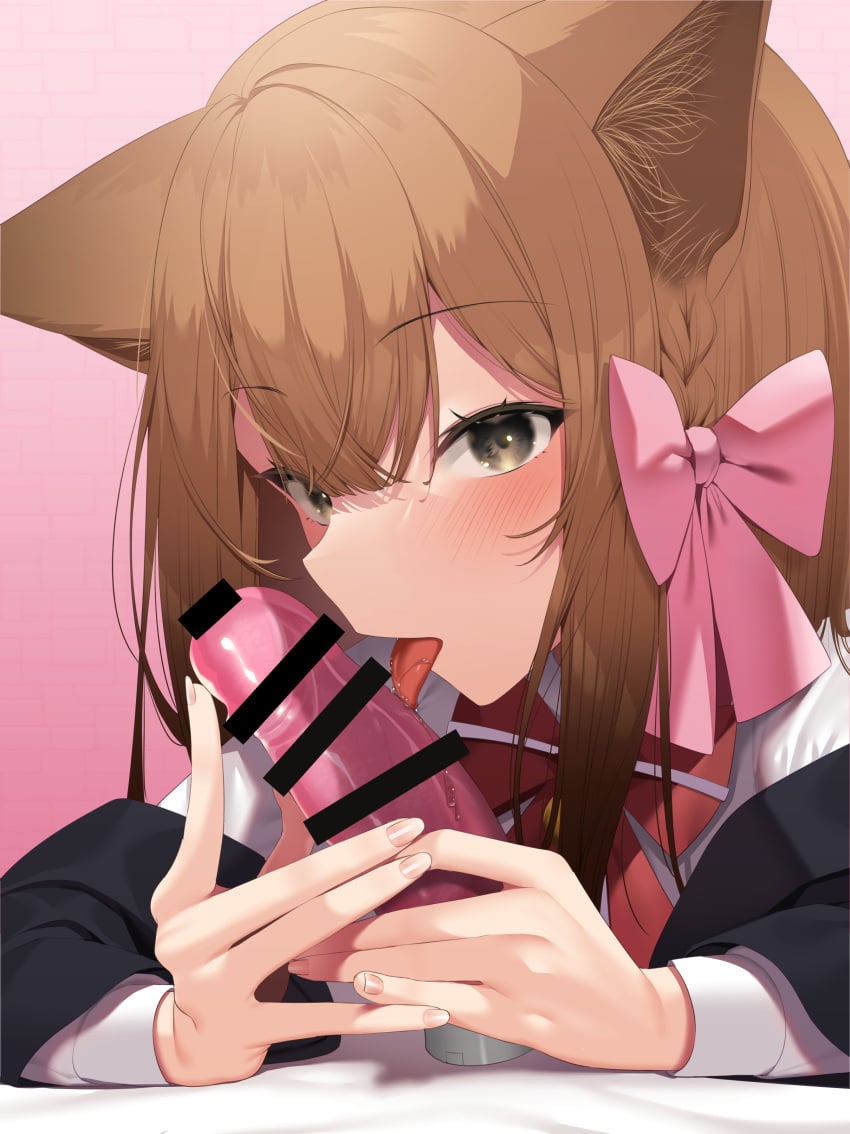 1girls blush cat_ears censor_bar censored clothing dildo fellatio haiba_09 licking licking_penis looking_at_viewer original original_character ribbon saliva school_uniform sex_toy solo upper_body