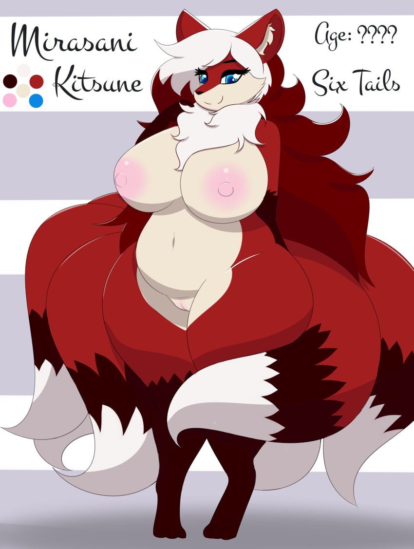 anthro areola big_breasts blue_eyes breasts brown_body brown_fur canid canine chest_tuft female fox fur genitals hair hi_res huge_breasts mammal mirasani_(sixfour) model_sheet multi_tail nipples pink_nipples pussy red_body red_fur red_hair sixfour_(artist) solo tail tuft white_body white_fur white_hair