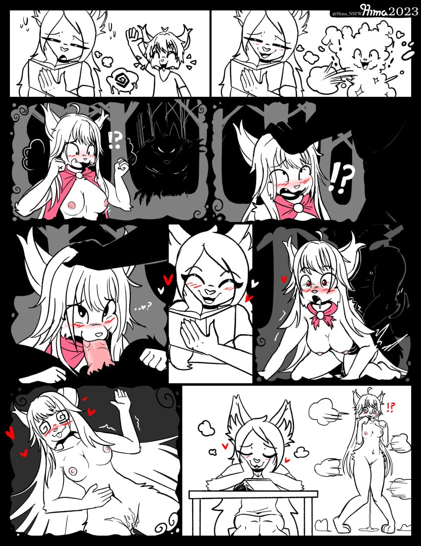 ?! absurd_res ande_(hima_nsfw) anthro blush bodily_fluids book canid canine canis clothing coat comic confusion cum cum_inside daydream duo embarrassed fairy_tales felid feline fellatio female forest fox from_behind_position gender_transformation genital_fluids hand_on_head head_grab heart hi_res hima_nsfw himalaya_(hima_nsfw) hybrid imagination little_red_riding_hood little_red_riding_hood_(copyright) looking_at_breasts lynx male male/female mammal oral penile plant reading reading_book sex size_difference smile topwear torn_clothing transformation tree wolf