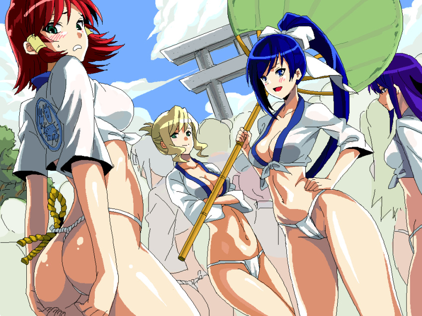 4girls adjusting_clothes ass big_ass big_breasts blonde_hair blue_hair character_request cleavage crossed_arms fundoshi hand_on_own_hip happi japanese_clothes legs medium_breasts midriff multiple_girls navel pixel_art ponytail pose posing purple_hair red_hair sensual sideboob smile thighs yamakasa