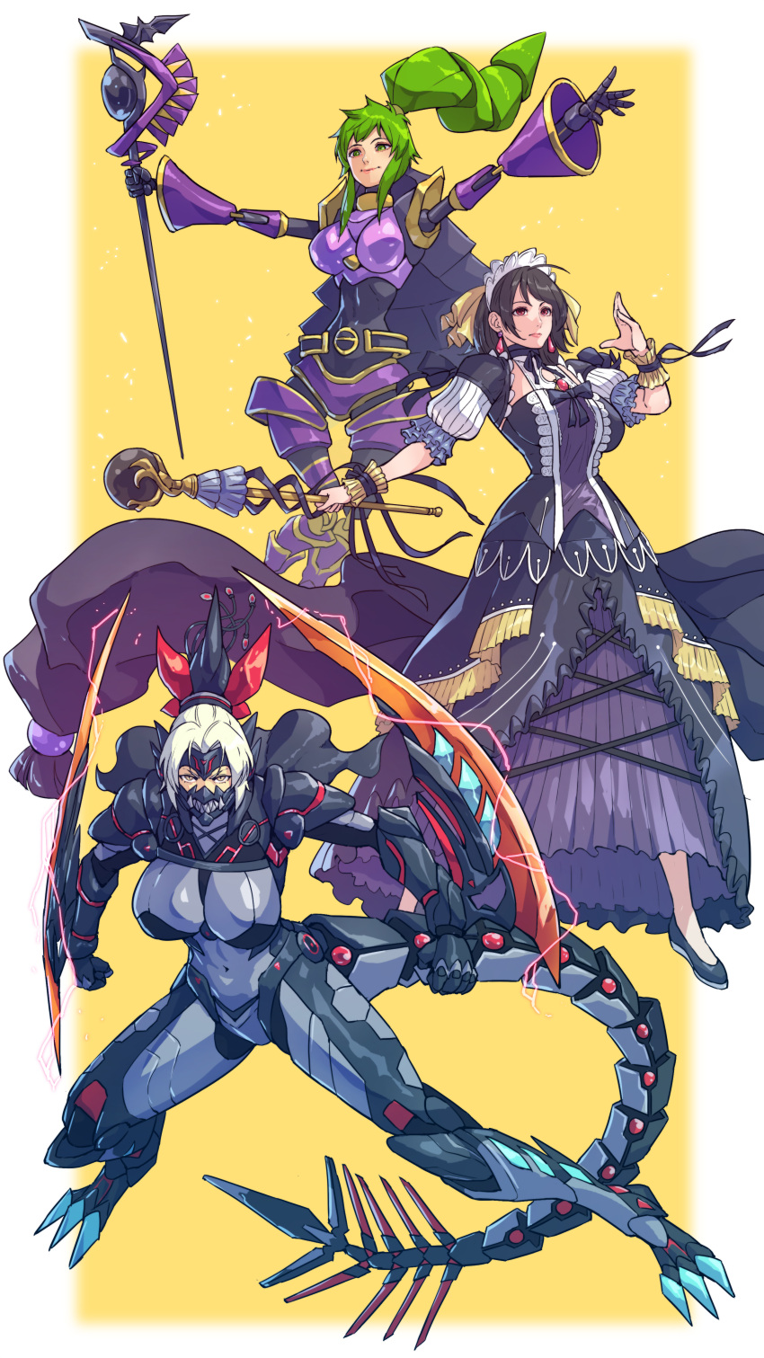 3girls cirenk dinomorphia_kentregina dinosaur_girl doll_girl doll_joints duel_monster el_shaddoll_winda maid_uniform multiple_girls underworld_goddess_of_the_closed_world yu-gi-oh!