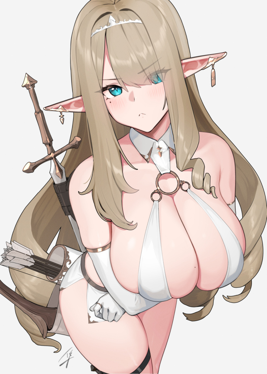 1girls 2022 :< arrow arrow_(weapon) bare_shoulders blonde_hair blue-eyed_elven_girl_(hayabusa) blue_eyes blush bow_(weapon) breast_hold breasts cleavage clothing crossed_arms curly_hair drill_hair earrings elbow_gloves elf eyebrows_visible_through_hair eyes_visible_through_hair female female_only gloves grey_background hayabusa highres jewelry large_breasts long_ears long_hair looking_at_viewer microskirt miniskirt mole mole_on_breast mole_under_eye o-ring original pointy_ears pout quiver revealing_clothes signature simple_background skirt solo standing sword thigh_strap thighs tiara tsundere very_long_hair weapon white_gloves white_skin